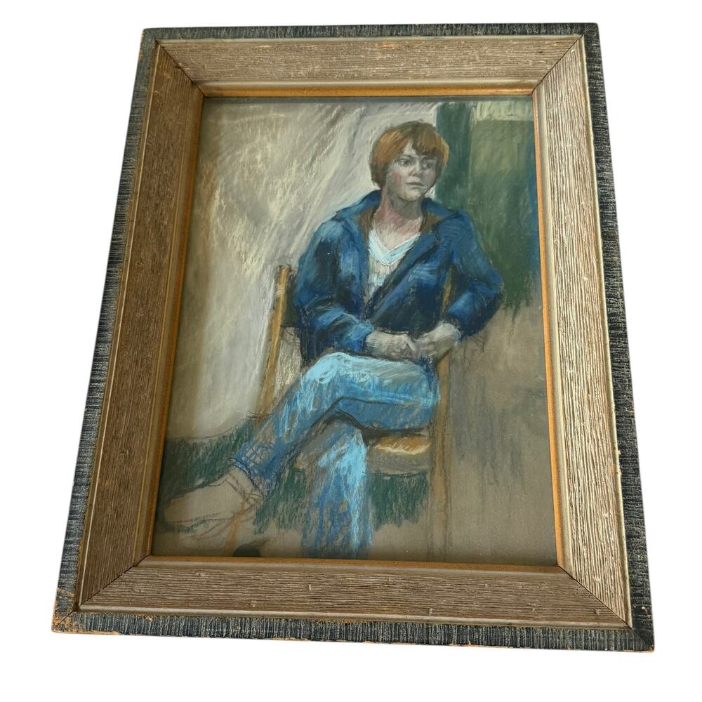 Mid 20th Century Framed Pastel Charcoal Portrait Painting on Board “Boy in Blue”